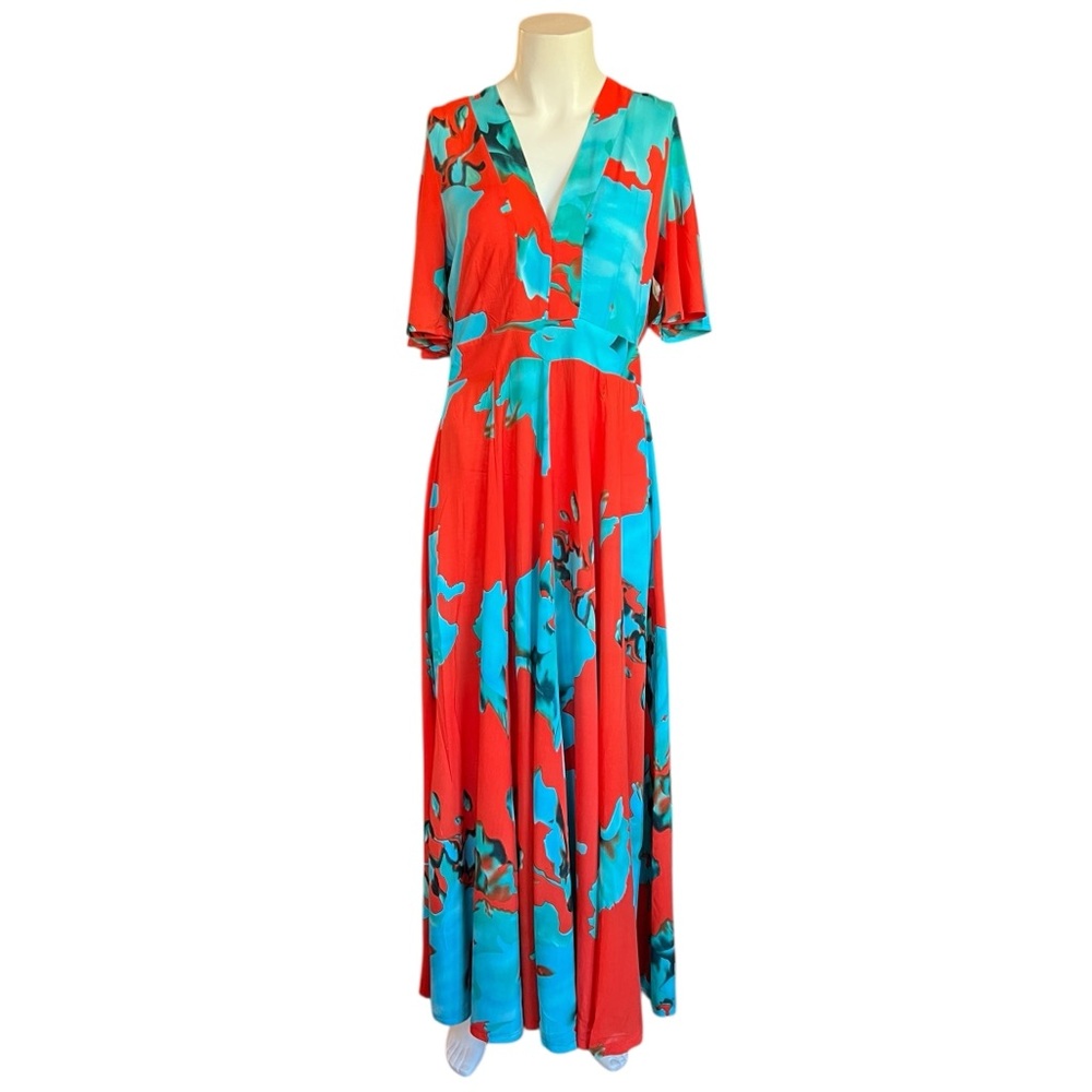 On The Road Red & Turquoise Abstract Wrap Maxi Dress